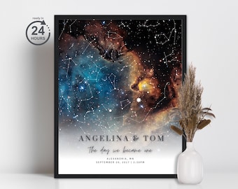 May include: A personalized star map print with a dark blue and orange nebula background. The print features the names "Angelina & Tom" and the text "The day we became one" with the date "September 20, 2017 2:30PM" and the location "Alexandria, MN".