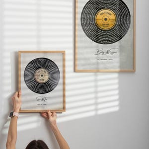 Op de afbeelding: Twee ingelijste kunstdrukken met een vinylplaatontwerp. De platen hebben een zwart oppervlak met witte tekst, een geel middellabel en zijn geplaatst tegen een grijze achtergrond. De frames zijn van licht hout. E&eacute;n print wordt vastgehouden.