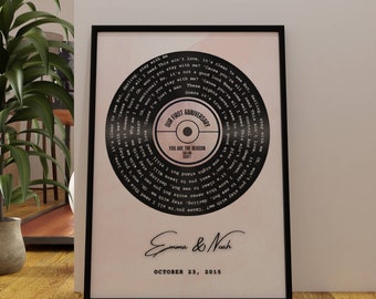 May include: Framed print with a black border. The artwork features a vinyl record design with song lyrics and the text "OUR FIRST ANNIVERSARY." Below, it reads "YOU ARE THE REASON" and the names "Emma & Noah" with the date "OCTOBER 23, 2015."