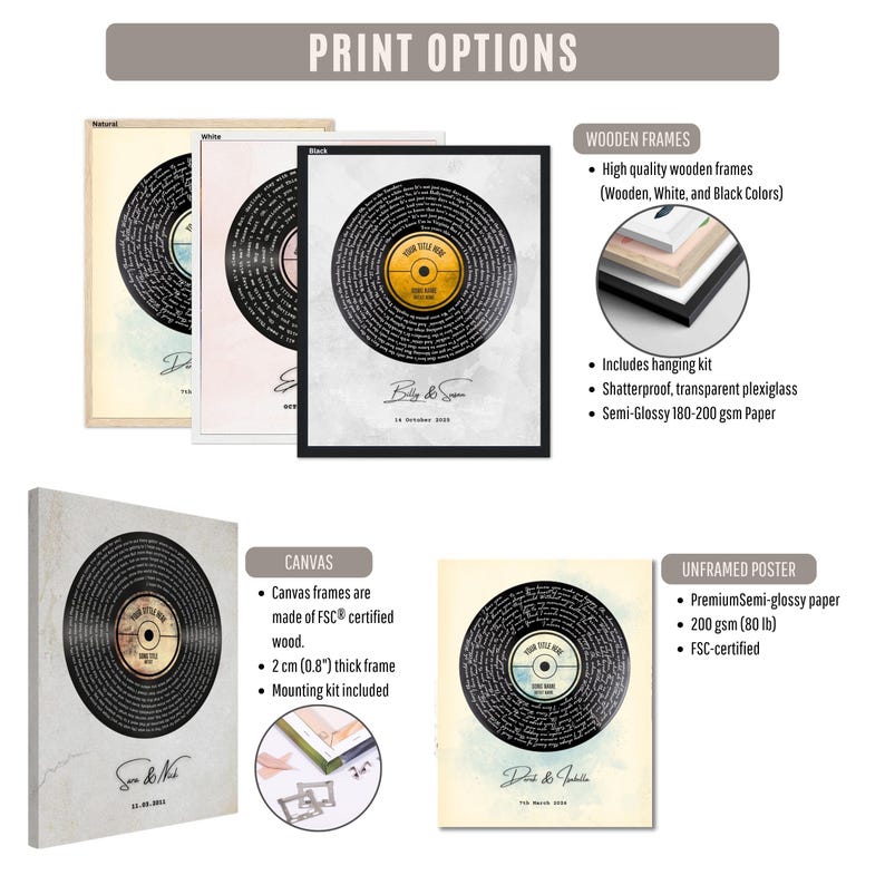 Op de afbeelding: Verschillende afdrukopties worden weergegeven, waaronder ingelijste prints en niet-ingelijste posters. De ingelijste prints zijn verkrijgbaar in natuurlijke, witte en zwarte frames. De canvasprint heeft een frame van 2 cm dik. De niet-ingelijste poster is gedrukt op semi-glanzend papier.