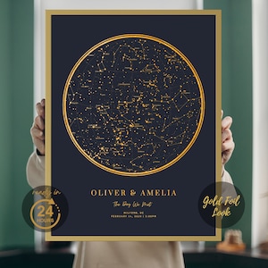 Mapa estelar digital personalizado, noite em que você nasceu, pôster para impressão com aparência de céu noturno em folha de ouro, estrelas acima do mapa, presente de constelação de casamento
