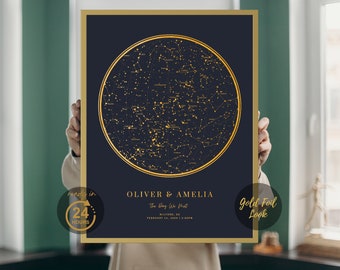 Mappa stellare digitale personalizzata, notte in cui sei nato, poster stampabile con cielo notturno in lamina d&#39;oro, stelle sopra la mappa, regalo di costellazione per matrimonio