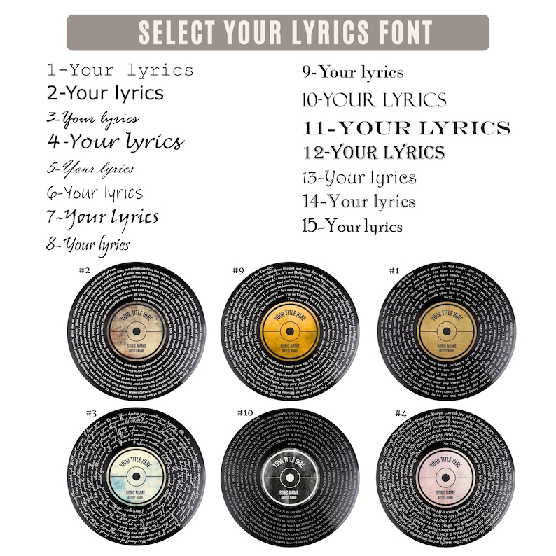 Op de afbeelding: Een selectie van vinylplaatontwerpen met aanpasbare songtekstopties. De afbeelding toont verschillende platen met verschillende labelkleuren en tekst, inclusief opties voor lettertype selectie. De tekst "SELECT YOUR LYRICS FONT" staat bovenaan.