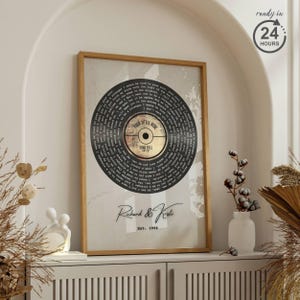 May include: A framed print with a black vinyl record design and song lyrics. The centre label reads "YOUR TITLE HERE", with space for song title and artist. The bottom of the print includes the names "Richard & Kristi" and "Est. 1998".