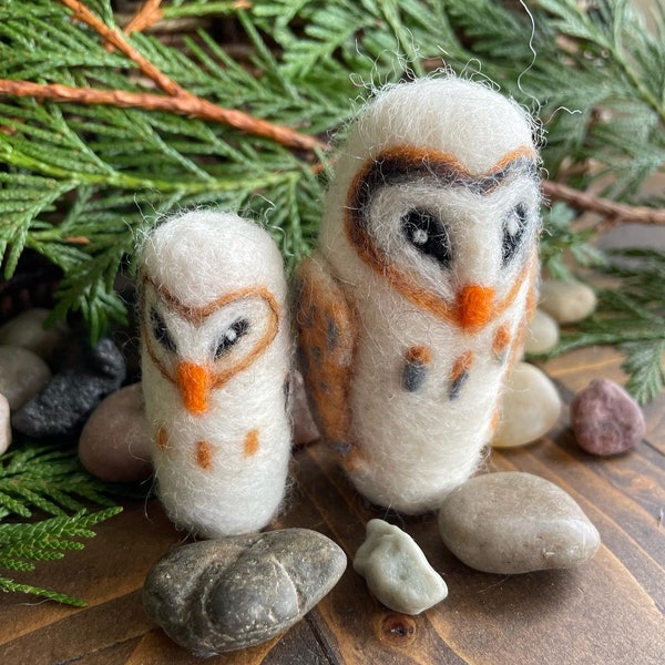 Needle Felted Barn Owl Duo - Made to Order - Tyto alba - Woodland Wool Ornaments - Eco Friendly Decoration - Bird Lover Gift - Ornathology