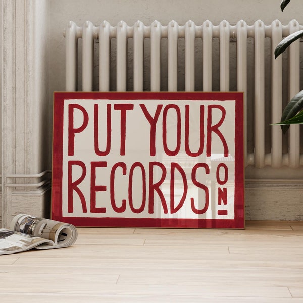 Retro Wall Art Print, Mid Century Modern Wall Art, Red Put Your Records Hand Painted Print, Music Prints, Landscape Retro Music Wall Art