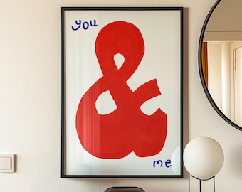 You & Me Wall Art, Mid Century Bedroom Wall Art, Bold Hand Painted Wall Art, Red Blue Print, First Home Gift, Retro Bedroom Print Poster