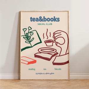 Buch Wandkunst, Lesedruck, Geschenk für Leser, Handgezeichnete Illustration Wandkunst, Tee & Bücher Social Club Druck, Retro Literatur Druck