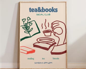 Book Wall Art, Reading Print, Gift For Readers, Hand Drawn Illustration Wall Art, Tea & Books Social Club Print, Retro Literature Prints