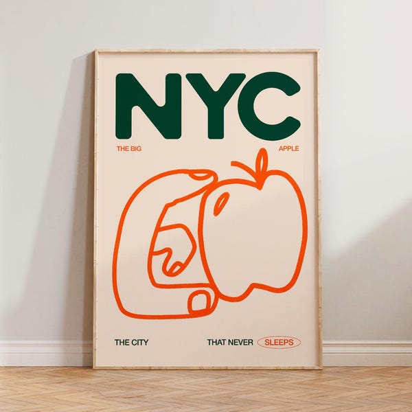 New York Print, NYC Travel Poster, Living Room Wall Art Prints, Hand Drawn Doodle Wall Decor, The Big Apple Print, Aesthetic New York Print