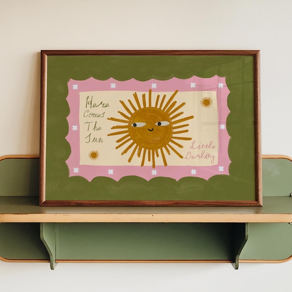 Nursery Wall Art Print, Nursery Decor, Here Comes The Sun Little Darling, Hand Drawn Nursery Poster, Kids Room Prints, Landscape Nursery Art