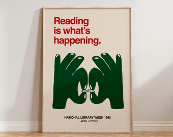 Retro Book Wall Art, Vintage Reading Print, Gift For Readers, Hand Drawn Illustration Wall Art, Reading Is What's Happening Print, Book Art