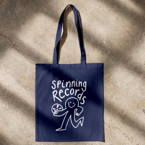 Music Tote Bag, Retro Vinyl Records Bag, Spinning Records Bag, Doodle Illustration Shoulder Bag, Navy Blue Bag, Aesthetic Music Lovers Bag