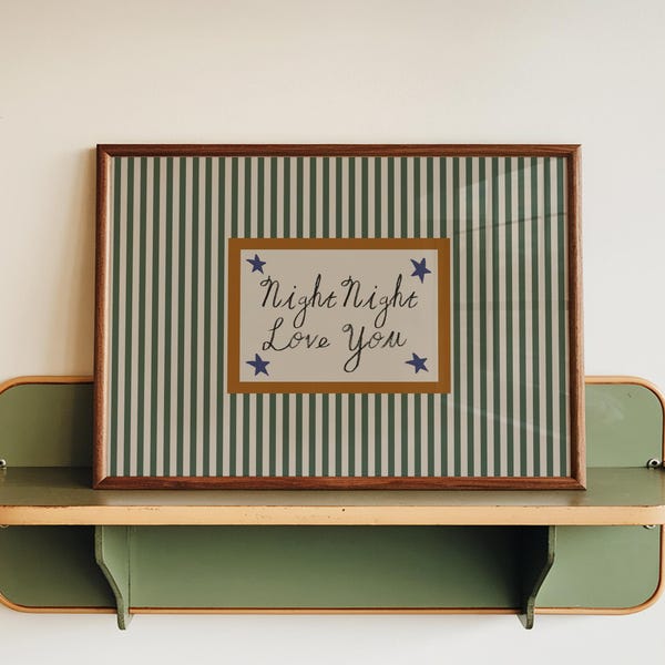 Retro väggkonst, Randig sovrumstryck, Modern väggkonst i mitten av århundradet, Väggkonst i sovrum i vintagestil, Landskap natt natt älskar dig-tryck