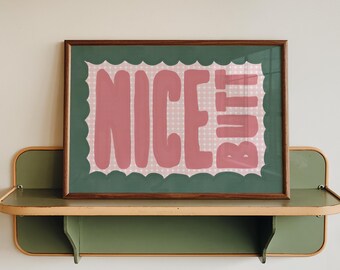 Checkered Bathroom Wall Art, Nice Butt Green Pink Bathroom Print, Horizontal Wall Art, Landscape Bathroom Print, Colourful En Suite Wall Art