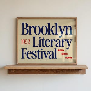 Retro Book Wall Art, Vintage Reading Print, Brooklyn Print, Mid Century Modern Wall Art, Vintage Literary Festival Wall Art, New York Print