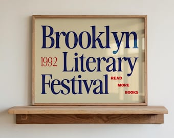 Retro Book Wall Art, Vintage Reading Print, Brooklyn Print, Mid Century Modern Wall Art, Vintage Literary Festival Wall Art, New York Print