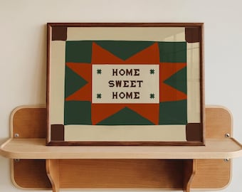 Hallway Wall Art, Home Sweet Home Print, Retro Patchwork Wall Art, Folk Style Mid Century Modern Entryway Wall Art, Retro Living Room Print