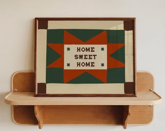 Hallway Wall Art, Home Sweet Home Print, Retro Patchwork Wall Art, Folk Style Mid Century Modern Entryway Wall Art, Retro Living Room Print
