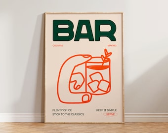 Kitchen Print Wall Art, Bar Sign, Retro Bar Print, Cocktail Illustration Poster, Home Bar Decor, Kitchen Wall Art, Hand Drawn Kitchen Prints
