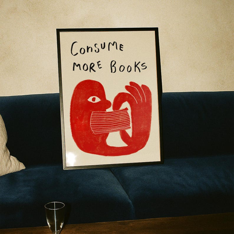 Retro Book Wall Art, Reading Print, Gift For Book Lovers, Hand Drawn Illustration Wall Art, Consume More Books Print, Cool Literature Prints image 9