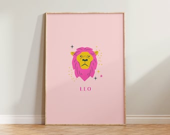 Leo Print, Leo Art Print, Horoscope Zodiac Print, Zodiac Gift, Astrology Print, Leo Star Sign Wall Art, Pink Leo Poster, Leo Gift, Horoscope