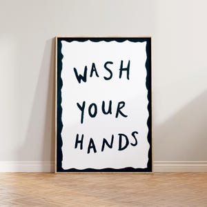 Bathroom Wall Art, Toilet Print, Blue Wash Your Hands Print, Hand Painted Print, Blue Bathroom Wall Decor, Loo Wall Prints, Dark Blue Poster