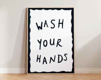Bathroom Wall Art, Toilet Print, Blue Wash Your Hands Print, Hand Painted Print, Blue Bathroom Wall Decor, Loo Wall Prints, Dark Blue Poster