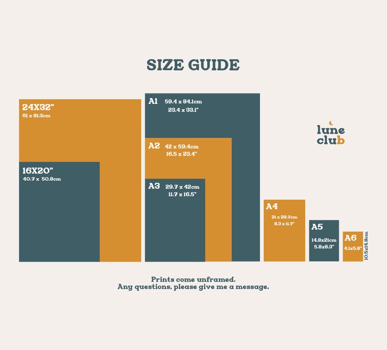May include: Size guide for prints, showing different sizes in inches and centimeters. The sizes are A1, A2, A3, A4, A5, and A6. The text "Prints come unframed. Any questions, please give me a message." is at the bottom of the image.