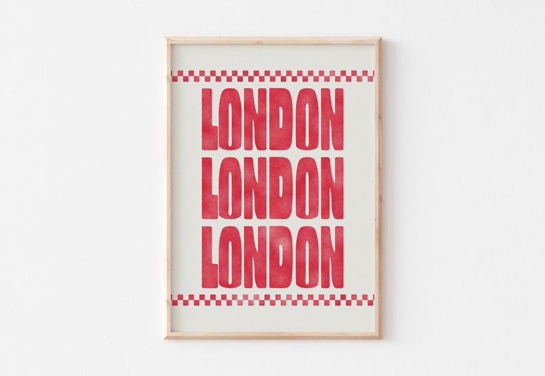 London Print, Travel Print, Typography Print, Retro Poster, Typographic Print, Cool Wall Art, Bold Poster, Checkered Print, Retro Style Art Red