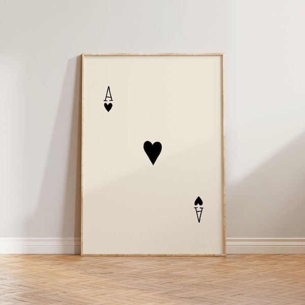 Póster con la impresión del as de corazones, impresión del as, impresión de la baraja de cartas, póster Lucky You, impresión de la carta del as para la pared, impresión ecléctica, arte de pared para bar, decoración del hogar
