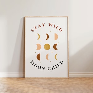 Póster con estampado de luna para niños Stay Wild, impresión con cita bohemia, impresión estética, decoración de pared para el hogar, impresión inspiradora, póster con estampado bohemio para guardería, regalo
