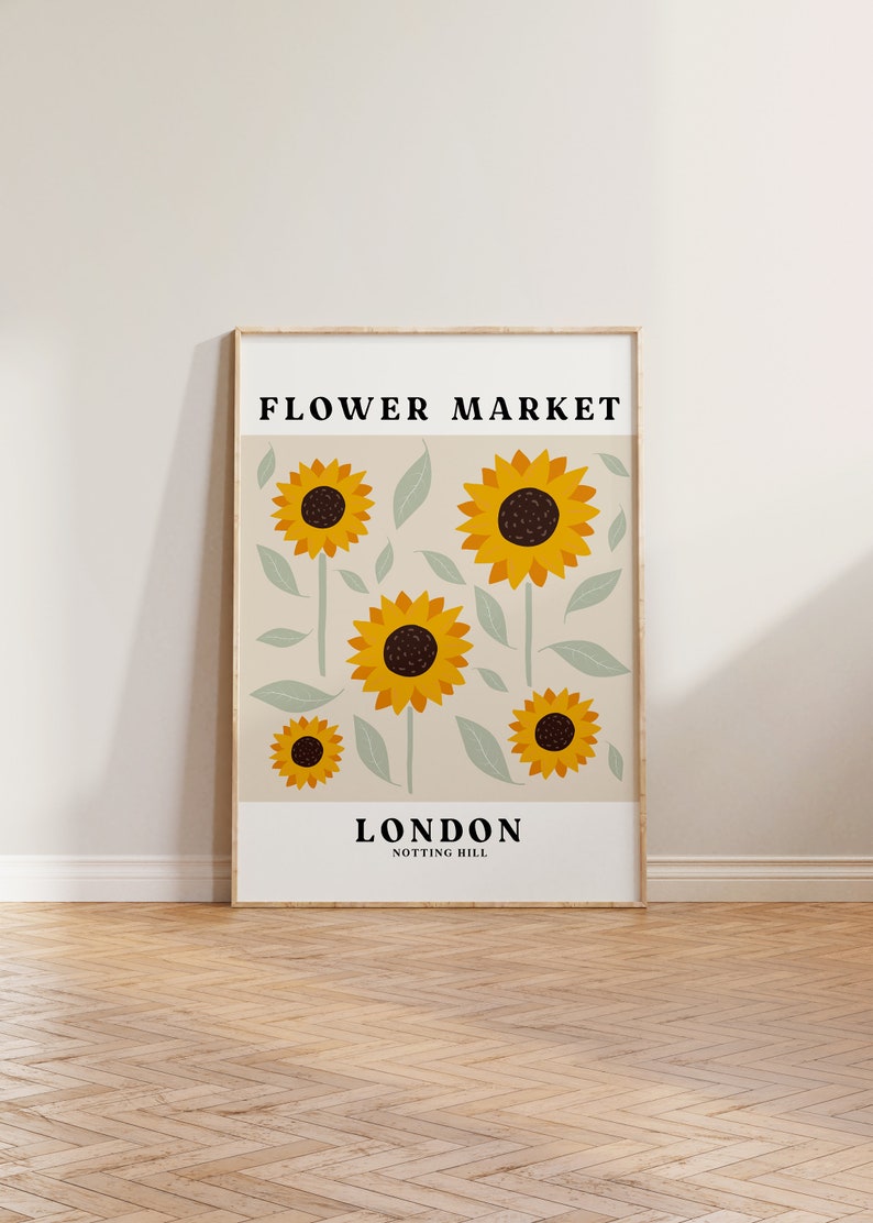 Flower Market Print, Sunflower Print Poster, Aesthetic Floral Print, Flower Market Poster, Notting Hill London Wall Art Home Decor, Neutral image 1