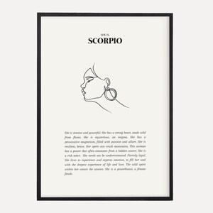 May include: Black and white line art illustration of a woman's face with a large earring. The text "SHE IS SCORPIO" is at the top of the image. The text below the image describes the personality traits of a Scorpio.