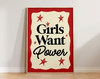 Feminist Print Wall Art, Aesthetic Retro Print, Feminism Poster, Girls Want Power, Feminist Gift, Mid Century Print, Strong Women Wall Decor