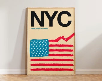 New York-tryck, resetryck från New York, reseaffisch från NYC, affisch med USA-flaggan, resetryck från Amerika, affisch från New York City, galleriväggkonst