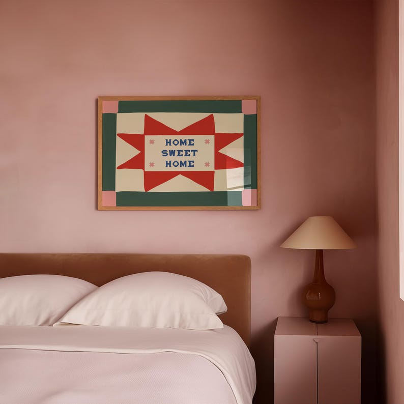Decoración de pared para pasillo, lámina "Hogar dulce hogar", arte de pared retro con patchwork, arte de pared de entrada de estilo folclórico moderno de mediados de siglo, lámina retro para sala de estar imagen 11