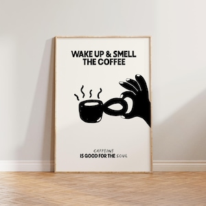 Kitchen Wall Art, Kitchen Prints, Coffee Wall Art Poster, Retro Hand Drawn Doodle Print, Cafe Wall Art, Wake Up & Smell The Coffee Art Print