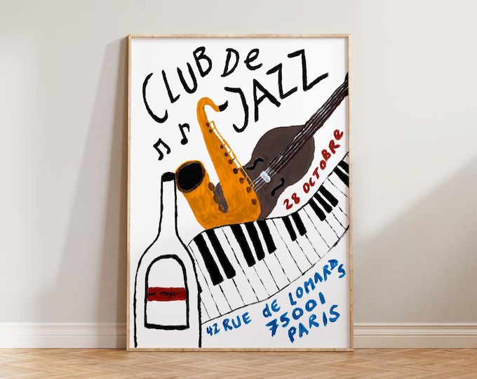 Retro Music Wall Art, Mid Century Modern Wall Art, Hand Painted Club De Jazz Print, French Music Wall Decor, Jazz Music Prints Poster
