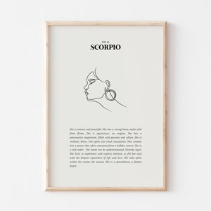 May include: A printable art print with a black and white line drawing of a woman's face with a large earring. The text "She is... SCORPIO" is at the top of the print. The text below the drawing describes the personality traits of a Scorpio.