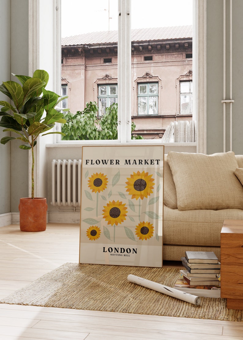 Flower Market Print, Sunflower Print Poster, Aesthetic Floral Print, Flower Market Poster, Notting Hill London Wall Art Home Decor, Neutral image 3