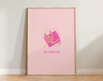 Impresión de Escorpio, impresión artística de Escorpio, impresión del zodíaco, póster de astrología, arte de pared con el signo zodiacal de Escorpio, impresión rosa para dormitorio, regalo de Escorpio, decoración de pared