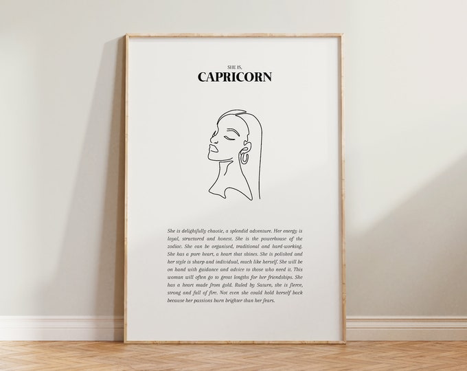 She Is Capricorn Print, Capricorn Art Print, Horoscope Zodiac Print, Zodiac Gift, Astrology Print, Star Sign, Capricorn Poster, Gift For Her