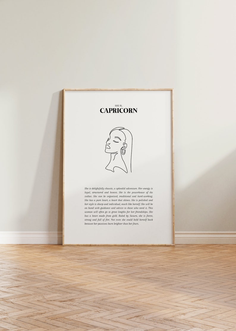 May include: A black and white line drawing of a woman's face with the text "SHE IS CAPRICORN" above the image. The text below the image describes the personality traits of a Capricorn.