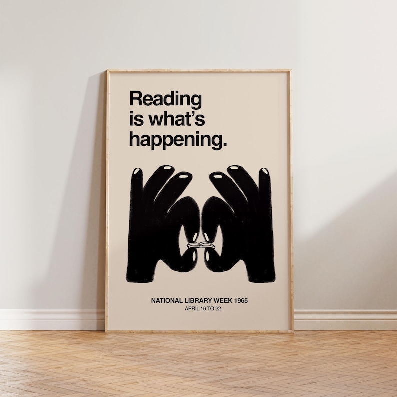 Retro Book Wall Art, Vintage Reading Print, Gift For Readers, Hand Drawn Illustration Wall Art, Reading Is What's Happening Print, Book Art Black