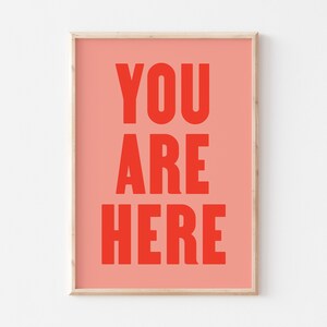 Peut inclure: Une impression encadr&eacute;e avec un fond rose et le texte "YOU ARE HERE" en rouge.