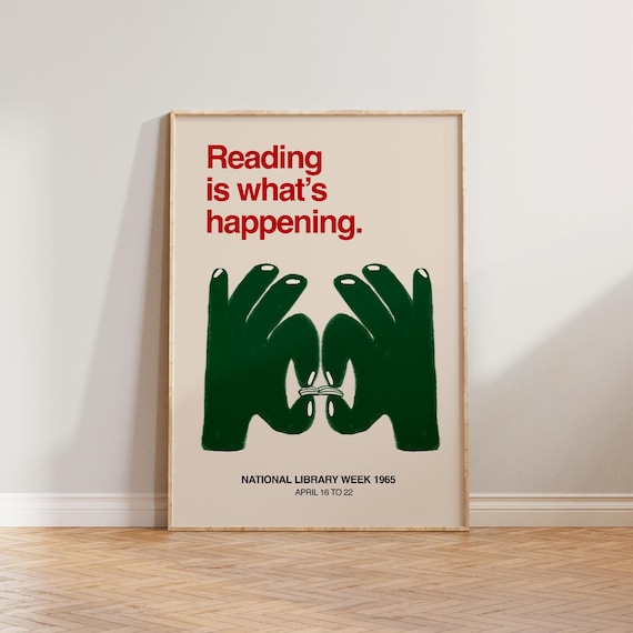 Retro Book Wall Art, Vintage Reading Print, Gift For Readers, Hand Drawn Illustration Wall Art, Reading Is What's Happening Print, Book Art