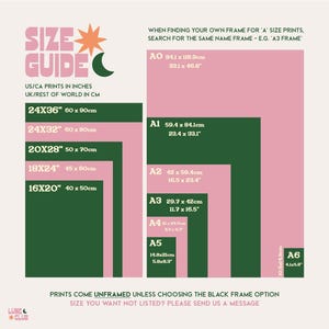 May include: A size guide chart for prints featuring pink and dark green rectangles. Text includes SIZE GUIDE, US/CA PRINTS IN INCHES, UK/REST OF WORLD IN CM, and dimensions for A0 through A6 and 16x20 to 24x36 inches. Includes LUNE CLUB logo.