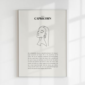 May include: A black and white line drawing of a woman's face with the text "SHE IS CAPRICORN" and a description of the Capricorn personality traits.