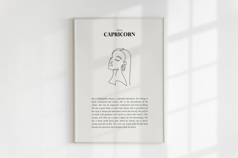 May include: A black and white line drawing of a woman's face with the text "SHE IS CAPRICORN" and a description of the Capricorn personality traits.